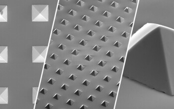 Three black and white images showing tiny pyramid shapes.